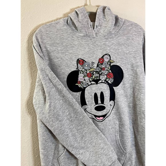 Disney Minnie Mouse Sweater Womens XL Gray Embroidered Flowers Hoodie - Picture 5 of 6